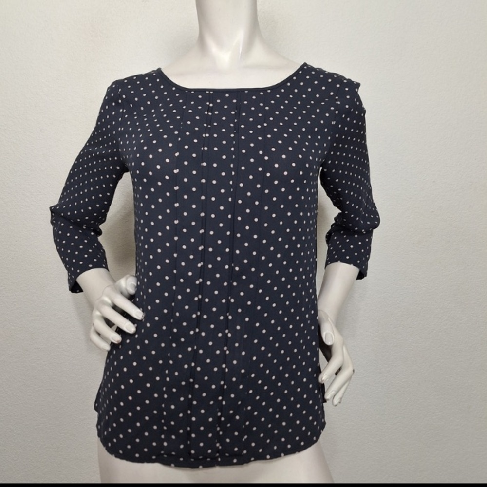 Ann Taylor Loft Slate Blue White Retro Preppy Polka Dot Pleated Blouse Size S